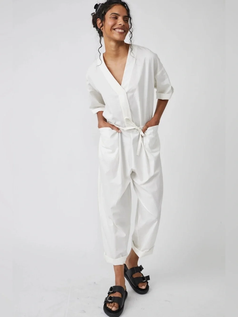 Free People White Cotton V-Neck Short Sleeve Belted Jumpsuit Romper Womens S